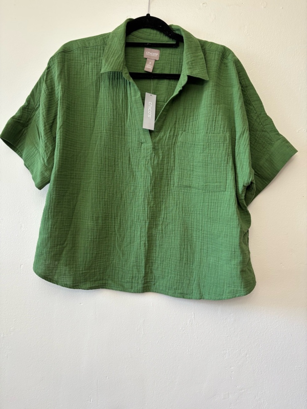 Chico’s Green Gauze Cotton Collared Top Size 3 NWT